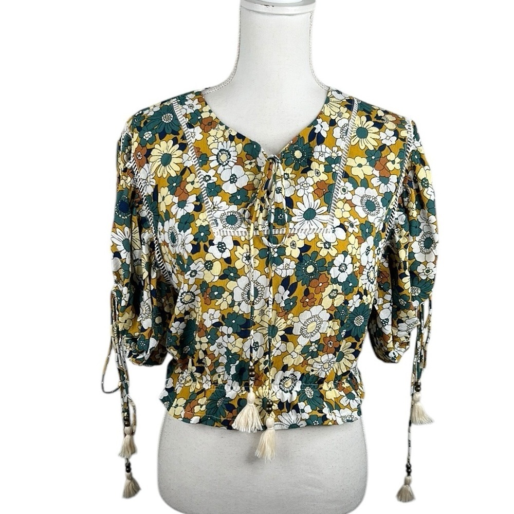 POL 70's Boho‎ Indie Coachella Festival Floral Tassel Summer Top Size Small